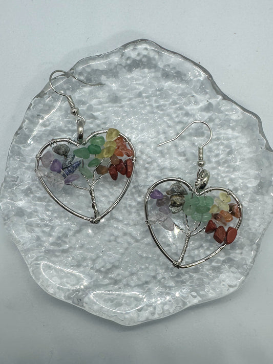 Multicolor Heart Tree of Life Earrings
