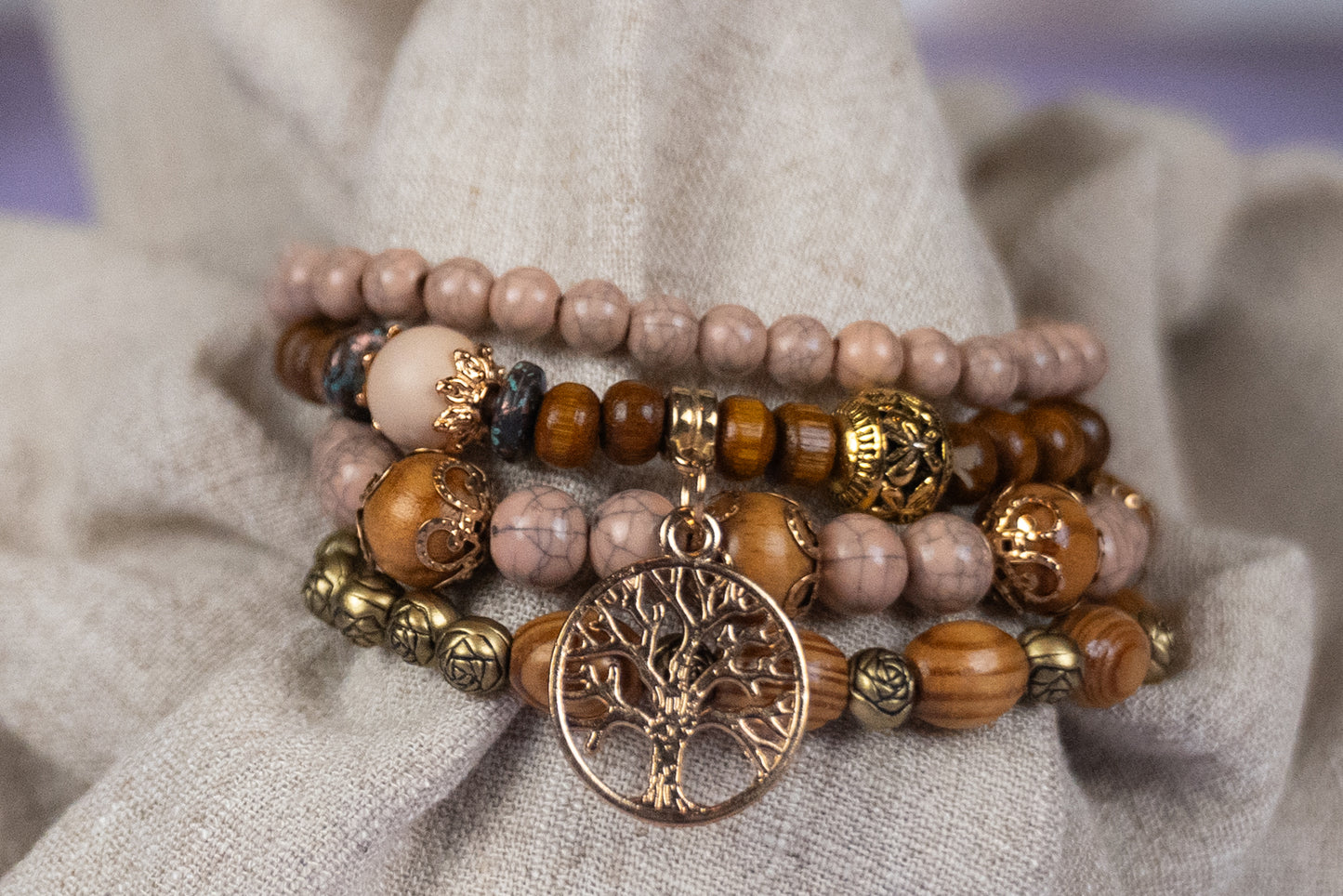 Wooden Tree of Life Stretchy Bracelet Set